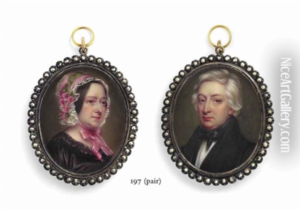 A Self-portrait Of The Artist And His Wife Anna Maria; He, In Black Coat, Waistcoat And Stock, She In Black Dress, White Bonnet With... (2 Works) Oil Painting - Henry-Pierce Bone