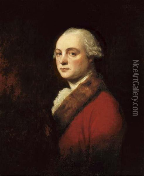 Portrait Of John Kenwich, Jr., Bust-length, In A Red Coat With Furtrim Oil Painting - George Romney