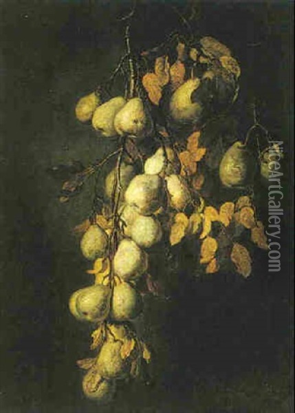 A Still Life With Pears On A Branch Oil Painting - Ludwig Adam Kunz