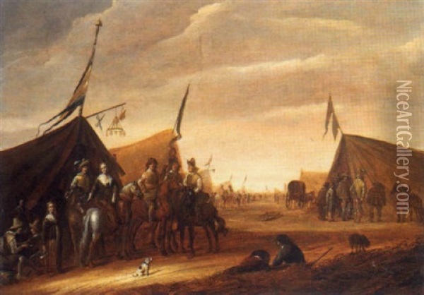 A Military Encampment With Soldiers And Female Company On Horseback Oil Painting - Abraham van der Hoef