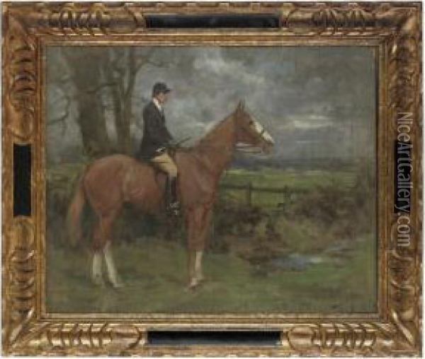 A Huntsman On A Chestnut Horse In An Extensive Landscape Oil Painting - George Denholm Armour
