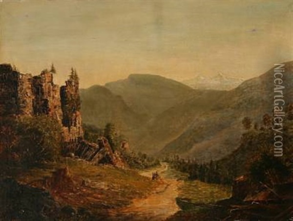 An Italian Summer Mountain Landscape Oil Painting - Henrich Schubeler