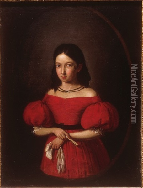 Nina Vestida De Rojo Con Abanico Oil Painting - Antonio Maria Esquivel Suarez de Urbina