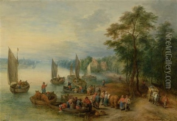 Viehhandler In Einem Hafen Oil Painting - Theobald Michau