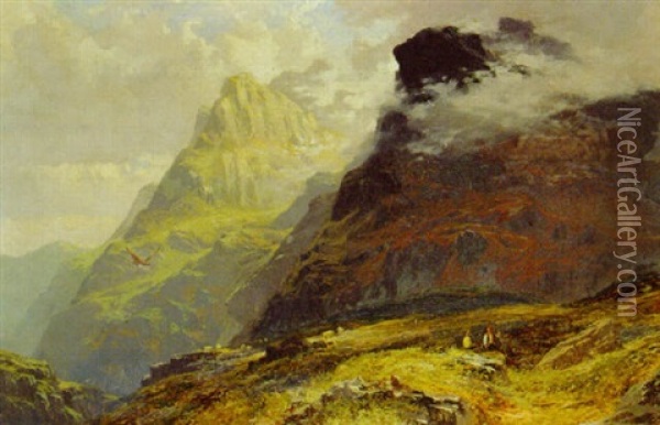 Shepherds In A Highland Landscape Oil Painting - Clarence Henry Roe