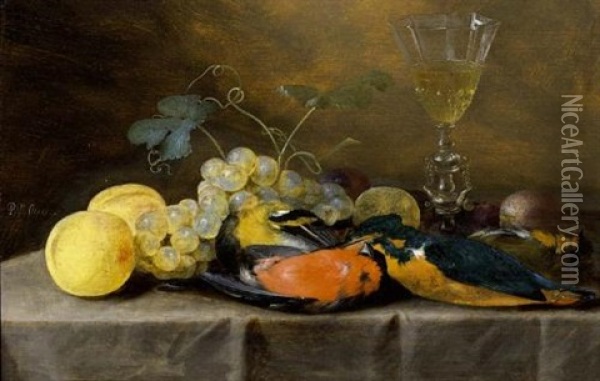 A Still Life With Two Finches, A Kingfisher, Grapes, Peaches, Prunes And A Facon-de-venise Wineglass, All On A Draped Table Oil Painting - Pieter van Overschee