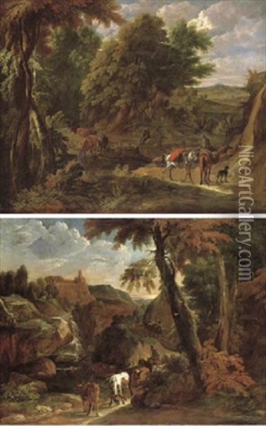 A Landscape With A Muleteer On A Path And A Herdsman Resting (+ An Italianate Landscape With Cattle On A Path; Pair) Oil Painting - Jan Baptiste Huysmans