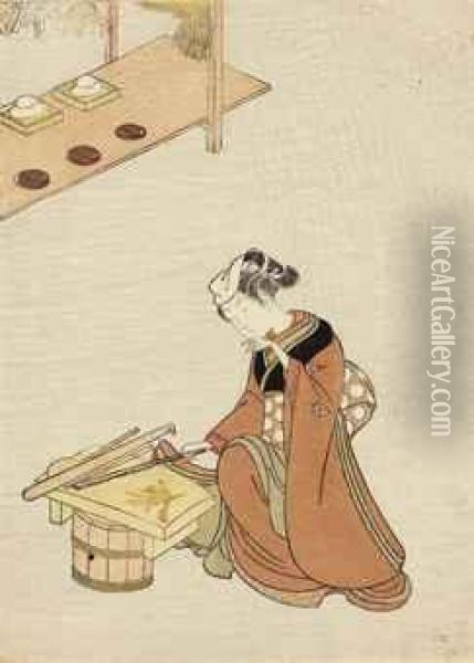 Preparing Seven-herb Porridge (nazuna) For The New Year Oil Painting - Suzuki Harunobu