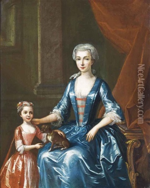 Portrait Of A Lady, Three-quarter-length, In A Blue Dress, With A Dog On Her Lap And A Child Standing By Her Side, In An Interior Oil Painting - John Verelst