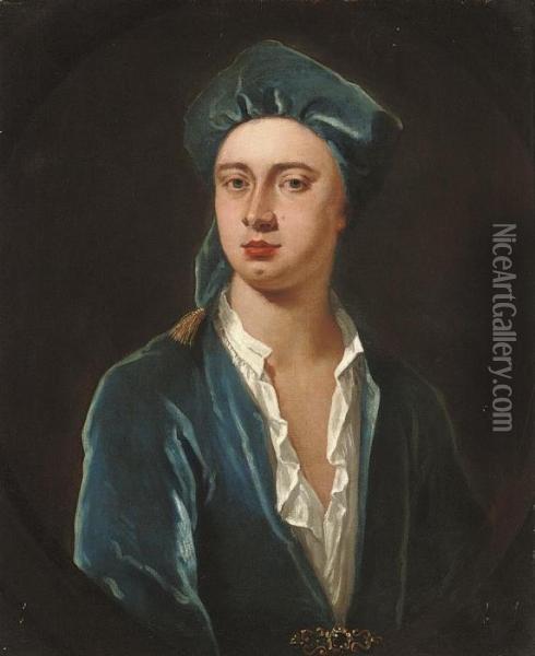 Portrait Of A Gentleman, Half-length In A Blue Velvet Coat Andinformal Cap Oil Painting - Sir Godfrey Kneller