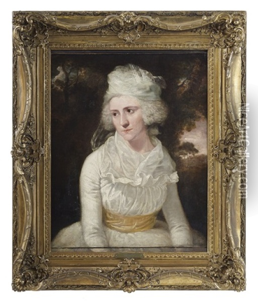 Portrait Of A Lady In A White Lace Cap Oil Painting - Sir John Hoppner