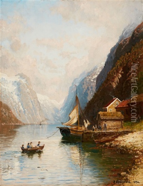 Crossing The Fjord Oil Painting - Anders Monsen Askevold