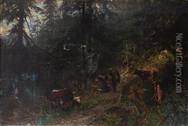 Mountain Forest With Praying Farmers And Cows Oil Painting - Paul Friedrich Meyerheim