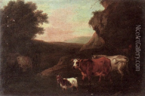 A Herdsman And Cattle Watering At A Stream Oil Painting - Michiel (Carree) Carre