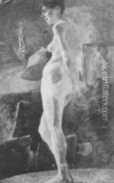 Model Posing In Studio Oil Painting - Wilton Robert Lockwood