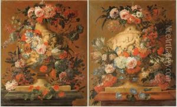 Natures Mortes Aux Fleurs Sur Un Entablement Avec Vases Et Amours En Grisaille Oil Painting - Jan-baptist Bosschaert