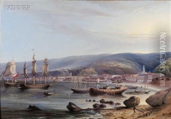 Animated View Of Valparaiso Harbor Oil Painting - Jacob C. Ward