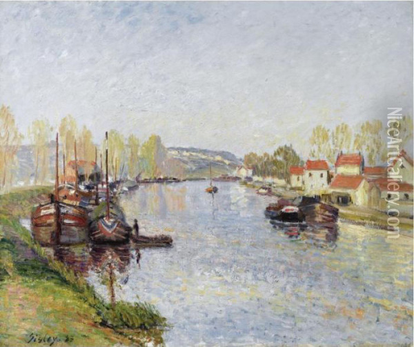 Chalands Sur Le Loing - Le Loing A Saint-mammes Oil Painting - Alfred Sisley