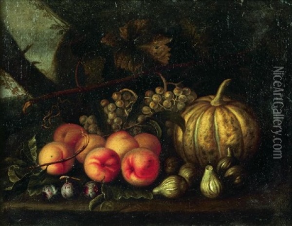 Nature Morte Aux Melon, Raisins, Peches Et Figues Sur Un Entablement Oil Painting - Tommaso Realfonso