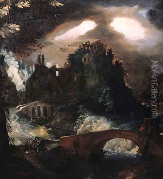 A fantasy landscape with thunderstorm at night Oil Painting - Frederik Valckenborch
