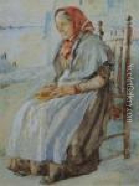 An Old Lady, She Sits Outside Oil Painting - William Langley