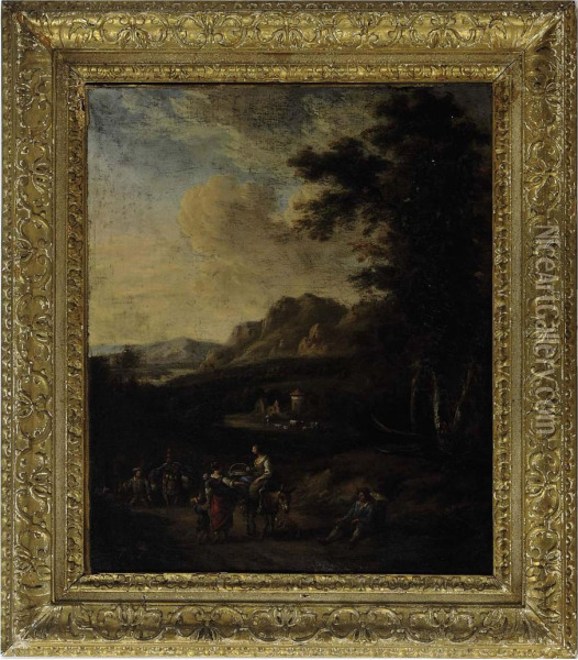 Travelers In An Italianate Landscape Oil Painting - M. Coort