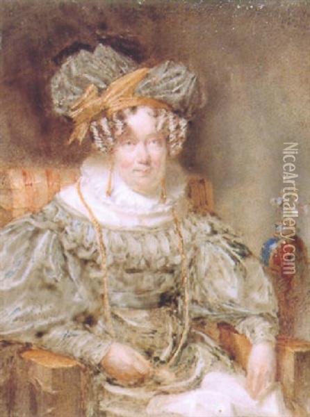 Portrait Of A Lady, Seated, In Brown Satin Dress With Matching Hat Oil Painting - Samuel Lover