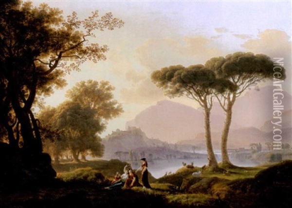 Morning And Evening: A Classical Landscape With Shepherds, An Acquaduct Beyond (+ A Classical Landscape With Shepherds And Nymphs By A Lake, A Hilltop Castle Beyond; Pair) Oil Painting - Pierre Pequignot