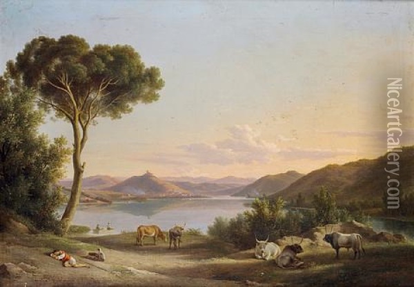 An Italian Lake Landscape With Cattle Resting In The Foreground (+an Italian Landscape, 2 Works) Oil Painting - Abraham (Alexandre) Teerlink