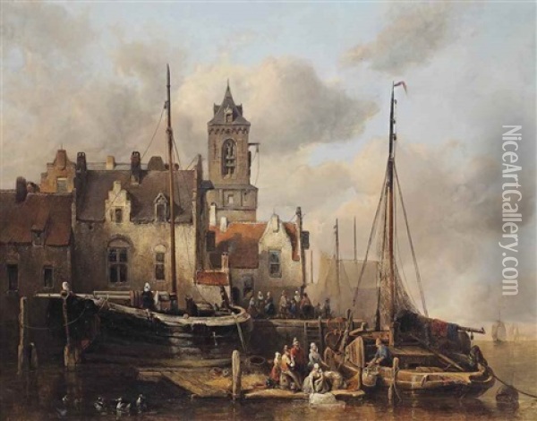 A Busy Quay In A Dutch Town Oil Painting - Antonie Waldorp