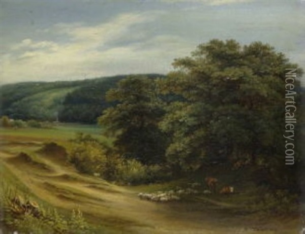 Hirten Mit Kuhen Und Schafen Am Waldrand Oil Painting - Johann Fischbach