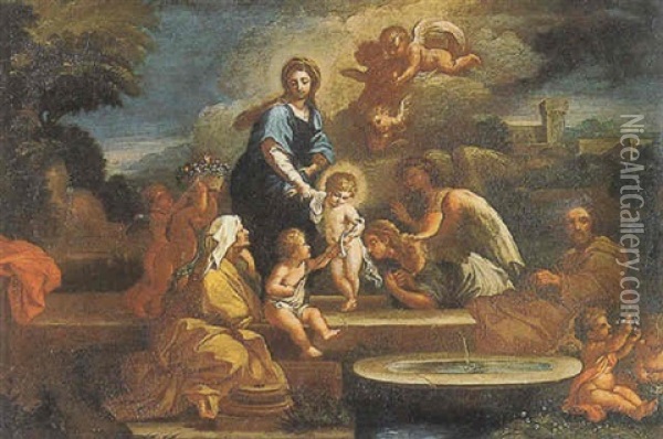 Holy Family With Angels In A Landscape Oil Painting - Nicolas Poussin