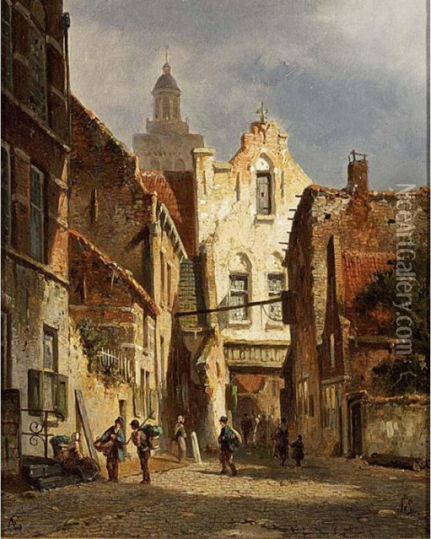 Villagers In The Streets Of A Sunlit Dutch Town Oil Painting - Adrianus Eversen