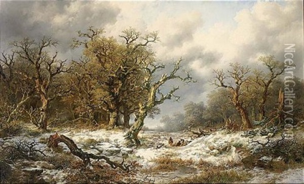 Travellers In An Extensive Snow Covered Landscape Oil Painting - Remigius Adrianus van Haanen