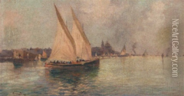 A Sailboat Entering The Lagoon, Venice Oil Painting - Oscar Ricciardi