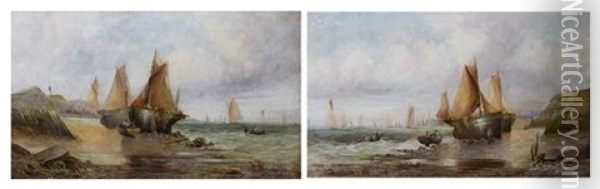 Ships At Low Tide (pair) Oil Painting - Arthur Joseph Meadows