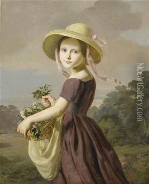 Madchen Mit Blumenkorbchen Oil Painting - Friedrich Gustav Schlick