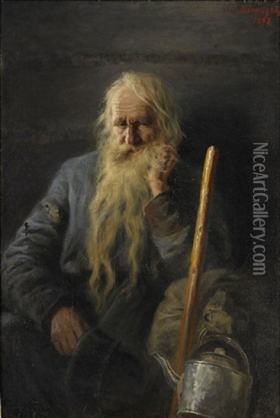 Portrait Of A Bearded Peasant With A Staff And A Tin Kettle Oil Painting - Grigori Grigorievich Miasoyedov