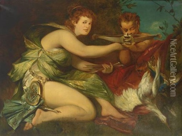 Kniende Diana Legt Zielendem Cupido Den Pfeil Auf Die Armbrust Oil Painting - Hans Makart
