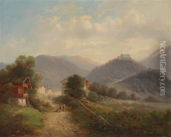 Blick Auf Die Festung Hohenwerfen Im Pongau Oil Painting - Gustav Barbarini