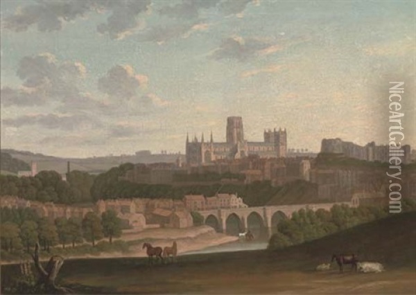 An Extensive View Of Durham, With Cattle And Horses In The Foreground Oil Painting - Henry Lark I Pratt