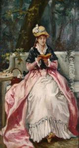 Seated Lady Reading On Bench Oil Painting - John Pettie