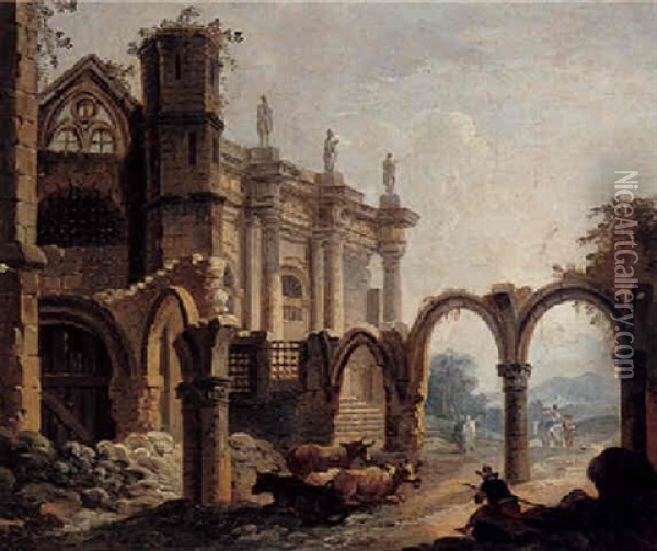 A Herdsman And Cattle Resting Before A Ruined Cloister Oil Painting - Pierre Antoine Demachy