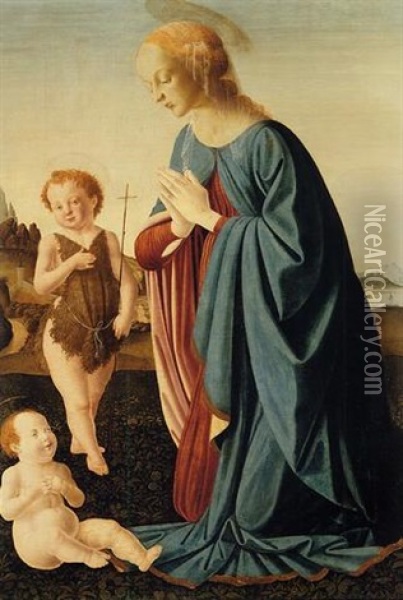 The Madonna Adoring The Christ Child, The Infant Saint John The Baptist Standing Nearby Oil Painting - Pietro del Donzello