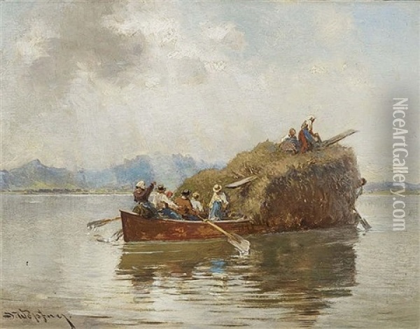 Boat With Hay On The Lake Chiemsee Oil Painting - Joseph Wopfner