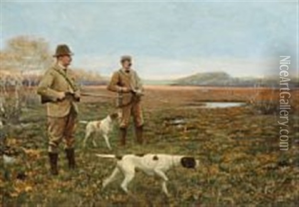 Two Hunters In The Bog, The Hounds Are Following The Scent Oil Painting - Adolf Heinrich Claus Hansen