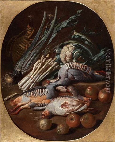 Composition Aux Perdrix Rouges Et Perdreaux Gris, Fruits Et Legumes Oil Painting - Jacob van der Kerckhoven