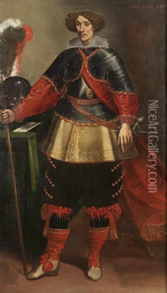 Portrait Of A Gentlemen In Armor, Standing, Holding A Staff, His Helmet And A Letter On A Draped Table Beside Him Oil Painting - Carlo Francesco Nuvolone