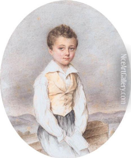 Portrait Of A Young Boy, Small Three-quarter-length, Holding Abook, On A Terrace Oil Painting - Virginie De Montfort De Marguerie