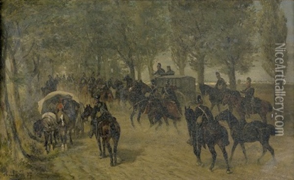 Truppenbewegung Auf Der Landstrasse Oil Painting - Heinrich Lang